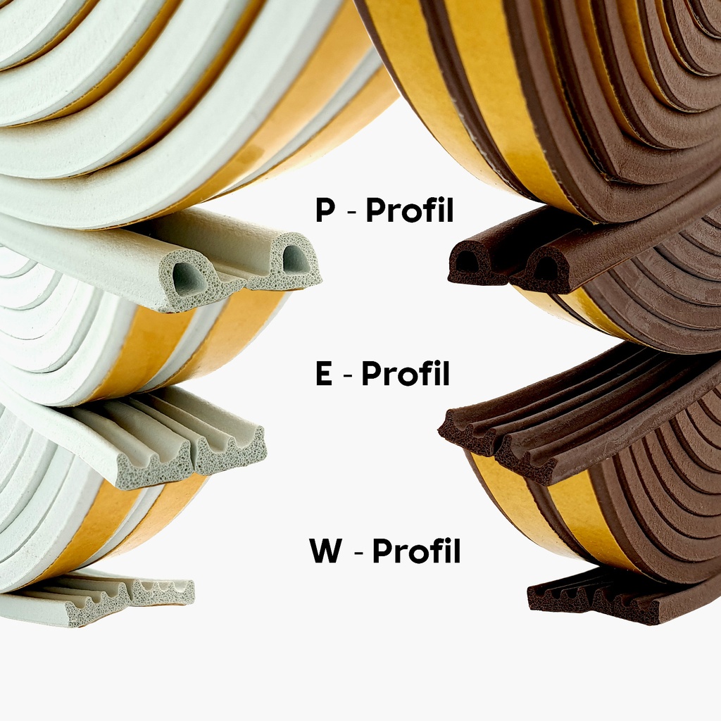 Gummidichtung selbstklebend Fensterdichtung  -  P - E - W Profil EPDM Dichtung Weiß / Braun